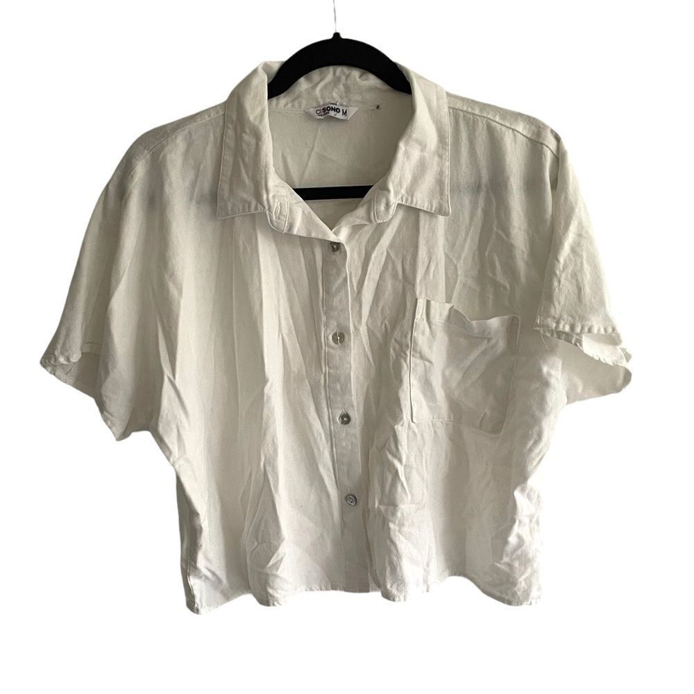 ANTHROPOLOGIE CI SONO Linen Cotton Short Sleeve Button Front Blouse White M